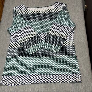 Talbots Womens Medium Polka Dot Top Blue Green 3/4 Sleeve Stretch Shirt